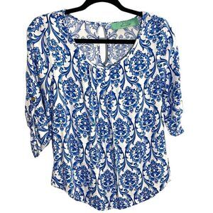 Haute Hanger Blue & White Chinoiserie Crisp Lightweight Tunic Top Blouse Small
